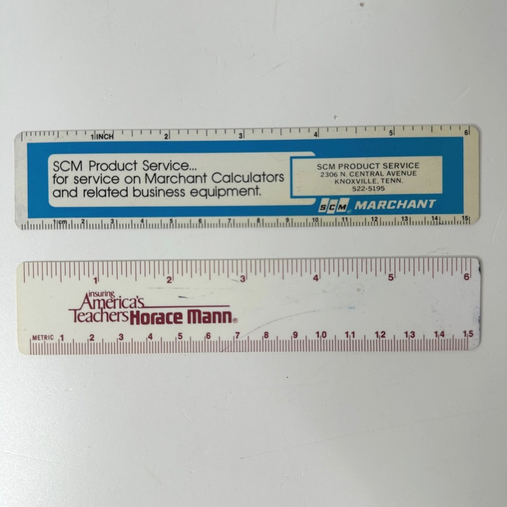 2 Vintage Advertising Pocket Rulers SCM Marchant 1974 Horace Mann 1979 Calendar